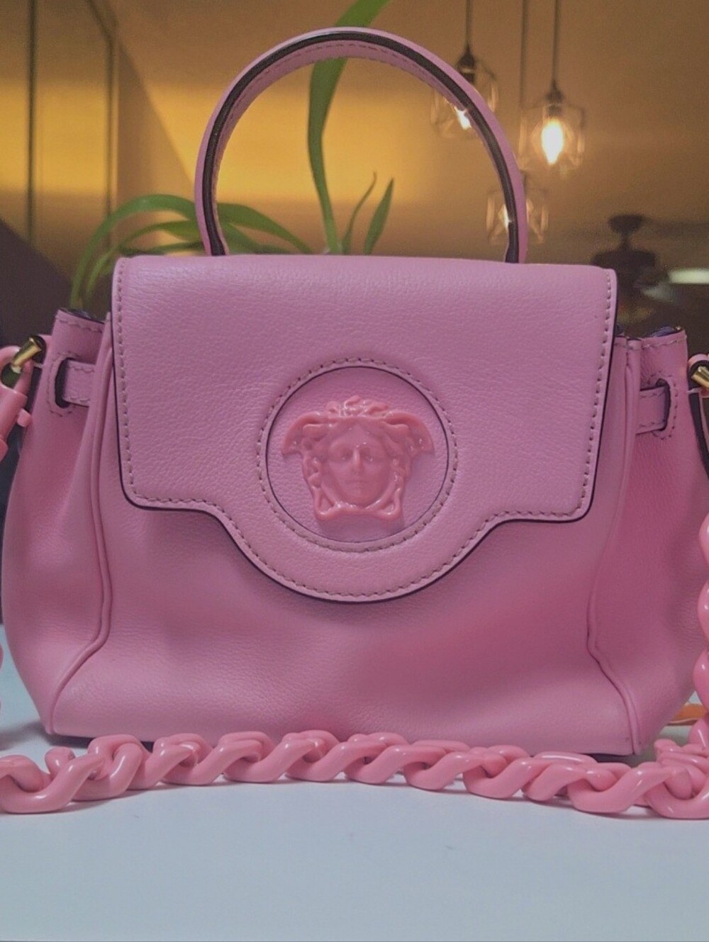 Versace Pink Leather Top-Handle Bag with Chain Strap